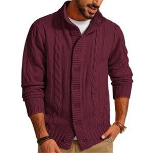 Mens Cardigan Sweater Stand Collar Long Sleeve Cable Knit Button Down Winter
